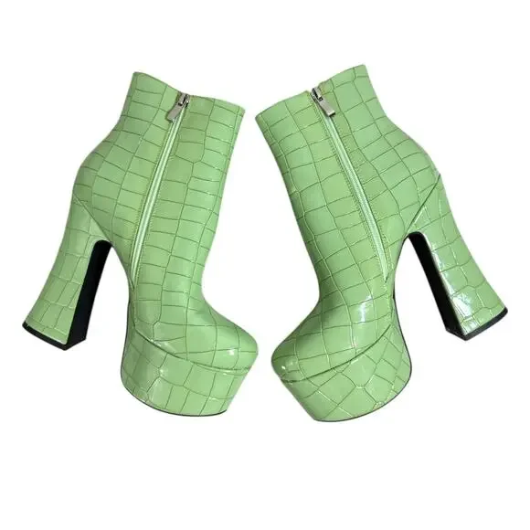 Azalea Wang Green Platform Chunky Booties Croc Embossed Size 8 - Picture 6 of 15